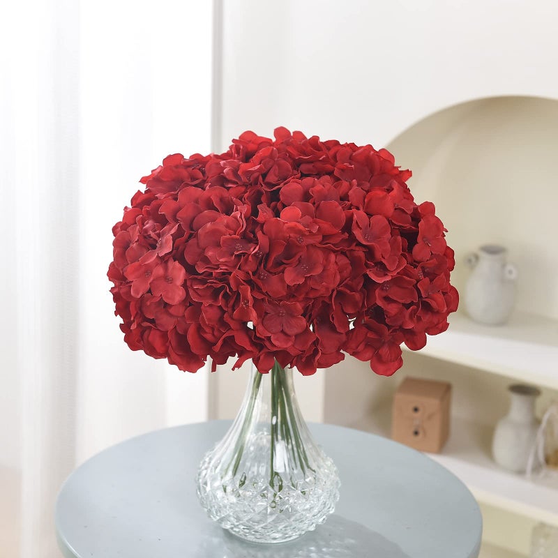 LUSHIDI 10PCS Silk Hydrangea Heads with Stems Artificial Flowers for Wedding Party Home Decor (Red) - Image 3